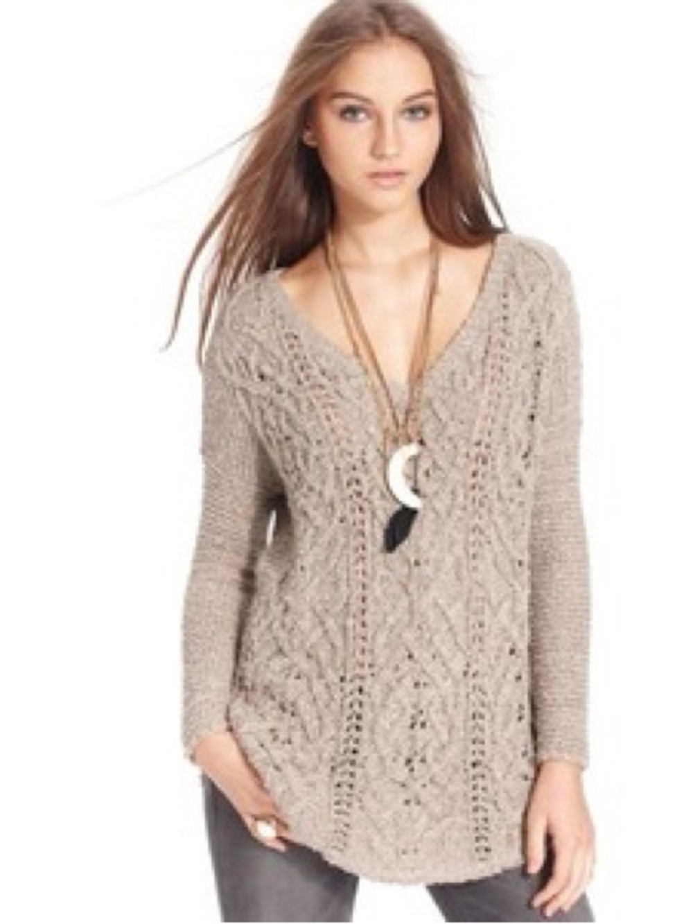 Free People Heavily Distressed Cable Knit V-Neck Sweater- Size M